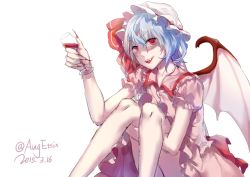 Rule 34 | 1girl, alcohol, augetsix, bad id, bad twitter id, bat wings, blue hair, bow, cup, dated, drinking glass, fangs, fingernails, hat, hat bow, long fingernails, mob cap, nail polish, open mouth, puffy sleeves, red eyes, remilia scarlet, shirt, short hair, short sleeves, simple background, sitting, skirt, skirt set, smile, solo, touhou, twitter username, upskirt, white background, wine, wine glass, wings