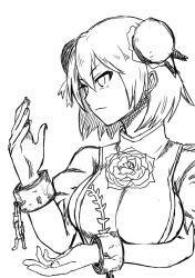Rule 34 | 1girl, breasts, bun cover, chain, closed mouth, cuffs, double bun, artistic error, flower, greyscale, hair between eyes, hair bun, highres, himajin noizu, ibaraki kasen, large breasts, looking to the side, monochrome, puffy short sleeves, puffy sleeves, rose, shackles, short hair, short sleeves, simple background, solo, touhou, upper body, white background