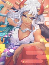 Rule 34 | 1girl, ahoge, arm rest, arm up, artist logo, artist name, bare arms, bare shoulders, blackapinaa, breasts, cleavage, closed mouth, club, club (weapon), collarbone, curled horns, earrings, floating hair, green hair, hair ornament, hair stick, hakama, highres, holding, holding weapon, hoop earrings, horns, japanese clothes, jewelry, kanabou, kimono, knee up, large breasts, leaning back, leaning forward, lips, long hair, looking at viewer, multicolored hair, multicolored horns, one piece, oni, orange horns, over shoulder, red eyes, red horns, rope, shimenawa, sleeveless, sleeveless kimono, smirk, smug, solo, two-tone hair, v-shaped eyebrows, very long hair, weapon, weapon over shoulder, white hair, yamato (one piece)