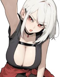 1girl armpits black_choker black_shirt breasts chest_strap choker cleavage clothes_around_waist commentary english_commentary habin_(rusellunt) hair_ornament hairclip large_breasts light_blush long_hair looking_at_viewer open_mouth original outstretched_arm pendant_choker red_eyes rusellunt scoop_neck shirt simple_background sleeveless sleeveless_shirt solo sweat teeth tongue upper_teeth_only v-shaped_eyebrows white_background white_hair