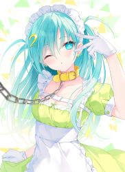 Rule 34 | 1girl, ;o, apron, aqua eyes, aqua hair, arm up, bdsm, blush, breasts, bright pupils, buckle, chain, chain leash, cleavage, collar, collarbone, cowboy shot, dress, earrings, frilled apron, frills, gloves, green dress, hair between eyes, head tilt, highres, jewelry, leash, long hair, looking at viewer, maid headdress, medium breasts, multicolored background, number hair ornament, one eye closed, original, parted lips, puffy short sleeves, puffy sleeves, rurudo, short sleeves, slave, solo, star-shaped pupils, star (symbol), symbol-shaped pupils, triangle, two side up, v over eye, viewer holding leash, white apron, white gloves