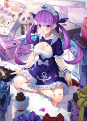Rule 34 | 1girl, :o, absurdres, ahoge, anchor symbol, barefoot, bed, bed sheet, black headwear, blue hair, blush, bow, braid, breasts, cake, cleavage, cleavage cutout, clothing cutout, colored inner hair, commentary request, controller, cqingwei, cup, dress, drinking glass, food, fork, frilled dress, frills, full body, gift, hair between eyes, hair ribbon, heart, heart print, highres, hololive, indoors, large breasts, long hair, looking at viewer, maid, maid headdress, minato aqua, minato aqua (1st costume), multicolored hair, on bed, open mouth, pillow, plate, playstation controller, puffy short sleeves, puffy sleeves, purple bow, purple eyes, purple hair, purple neckwear, red ribbon, ribbon, short sleeves, sidelocks, sitting, smile, solo, spoon, stuffed animal, stuffed toy, tissue box, twintails, two-tone hair, virtual youtuber, wine glass, wrist cuffs, yellow ribbon