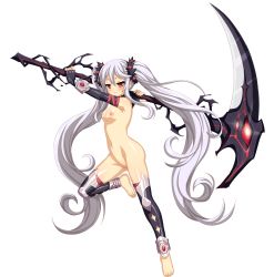 Rule 34 | 1girl, breasts, demon master chris, game cg, highres, nude, reaper (demon master chris), red eyes, scythe, small breasts, twintails, vioka, white hair