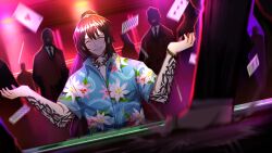 Rule 34 | 1boy, 6+others, arm tattoo, black hair, blue shirt, card, chest tattoo, closed mouth, collared shirt, desk slam, dress shirt, earrings, floral print, game cg, grin, hawaiian shirt, highres, hong lu (project moon), indoors, jewelry, limbus company, long hair, multiple others, nai ga, neck tattoo, official art, open mouth, parted lips, playing card, ponytail, project moon, shirt, sitting, smile, solo focus, standing, tattoo, teeth, wing collar