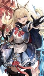 Rule 34 | 1girl, absurdres, belt, black gloves, black thighhighs, blonde hair, blue capelet, blue skirt, blunt bangs, blush, breasts, brown belt, cagliostro (dark) (granblue fantasy), cagliostro (granblue fantasy), capelet, commentary, frilled skirt, frills, gloves, granblue fantasy, hairband, highres, holding cube, jumping, long hair, open mouth, partially fingerless gloves, potion, purple eyes, red ribbon, ribbon, shiro wa (shiroshironix), shirt, skirt, small breasts, smile, solo, spiked hairband, spikes, thighhighs, white shirt