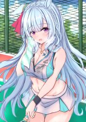 Rule 34 | 1girl, :o, absurdres, animal ears, azur lane, bare shoulders, black bra, blue hair, blue sky, blush, bow, bra, bra visible through clothes, braid, breasts, bremerton (azur lane), bremerton (azur lane) (cosplay), bremerton (scorching-hot training) (azur lane), butterfly tattoo, cdsola, chain-link fence, chest tattoo, cleavage, cloud, collarbone, commentary request, commission, cosplay, cowboy shot, crop top, crown braid, day, ear ornament, ear ribbon, fence, green skirt, groin, heart, heart necklace, highres, holding, holding racket, holding towel, horse ears, horse girl, horse tail, jewelry, long hair, looking at viewer, medium breasts, mejiro ardan (umamusume), midriff, navel, necklace, open mouth, pixiv commission, purple eyes, racket, see-through, shirt, sidelocks, skirt, sky, sleeveless, sleeveless shirt, solo, sportswear, standing, sweat, tail, tattoo, tennis court, tennis racket, tennis uniform, towel, two-tone shirt, two-tone skirt, umamusume, underwear, wet, wet clothes, wet shirt, white shirt, white skirt, wristband