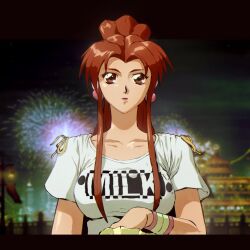 Rule 34 | 1girl, breasts, brown eyes, brown hair, collarbone, dave rapoza, earrings, fatal fury, jewelry, lipstick, makeup, medium breasts, shiranui mai, shirt, solo, t-shirt, the king of fighters, white shirt