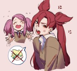 Rule 34 | 2girls, :d, anger vein, artist name, blush, brown background, brown sweater, closed eyes, collared shirt, cone hair bun, cropped torso, ezreal, facing viewer, flying sweatdrops, hair bun, hands up, highres, jinx (league of legends), league of legends, long hair, long sleeves, lux (league of legends), multiple girls, necktie, open mouth, red eyes, red necktie, shirt, smile, speech bubble, star guardian (league of legends), star guardian jinx, star guardian lux, sweater, teeth, tongue, tongue out, twintails, upper teeth only, wosashimi