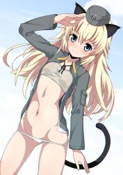 Rule 34 | 1girl, animal ears, arm up, black ribbon, blonde hair, blue eyes, blue sky, blush, breasts, cat ears, cat girl, cat tail, closed mouth, cloud, collarbone, commentary request, crop top, day, dutch angle, garrison cap, grey hat, grey jacket, groin, hair between eyes, hat, helma lennartz, highres, jacket, jewelry, long hair, long sleeves, lowleg, lowleg panties, military, military uniform, navel, neck ring, no pants, open clothes, open jacket, outdoors, panties, ribbon, salute, sky, small breasts, smile, solo, strike witches, tail, tail raised, underwear, uniform, very long hair, white background, white panties, world witches series, xiao rui rui