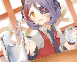 Rule 34 | 10s, 1girl, bad id, bad twitter id, black necktie, clothing cutout, commentary request, cup, drinking glass, eyepatch, fang, female focus, grey shirt, hair between eyes, hayasaka mirei, idolmaster, idolmaster cinderella girls, indoors, misha (hoongju), multicolored hair, necktie, open mouth, pin, purple hair, red hair, red vest, ribbon trim, shirt, short hair, short sleeves, shoulder cutout, solo, streaked hair, surprised, sweat, upper body, vest, water, wavy mouth, wing collar, wristband, yellow eyes