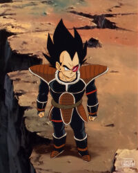Rule 34 | 1boy, absurdres, alternate costume, armor, black eyes, black hair, boots, clenched hands, cliff, commentary request, dragon ball, dragonball z, from above, full body, highres, male focus, saiyan armor, salvamakoto, scouter, shoulder armor, signature, solo, spanish commentary, vambraces, vegeta, widow&#039;s peak
