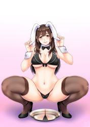 Rule 34 | 1girl, animal ears, bare shoulders, bikini, black bikini, black bow, black bowtie, black thighhighs, blunt bangs, blush, bow, bowtie, breasts, brown eyes, brown hair, bunny girl, cleavage, closed mouth, detached collar, fake animal ears, full body, high heels, large breasts, long hair, looking at viewer, maid, maid bikini, navel, original, osafune kairi, rabbit ears, reflection, smile, solo, squatting, stomach, swimsuit, thighhighs, tray, unconventional maid, underboob, wrist cuffs