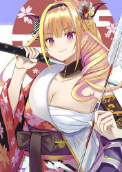 Rule 34 | 1girl, ahoge, arrow (projectile), bandages, bare shoulders, black hairband, blonde hair, blunt bangs, bow, bowtie, breasts, cleavage, closed mouth, detached collar, detached sleeves, diagonal-striped bow, dragon girl, dragon horns, dragon tail, drill hair, fangs, floral print, flower, gem, glasses, hair flower, hair ornament, hair over shoulder, hair stick, hairband, holding, holding arrow, holding knife, hololive, horn bow, horn flower, horn ornament, horns, japanese clothes, jewelry, kanzashi, kimono, kiryu coco, kiryu coco (new year), knife, large breasts, long sleeves, looking at viewer, multicolored eyes, multicolored hair, natsuki (natukituki), off shoulder, official alternate costume, orange hair, over shoulder, pointy ears, purple eyes, red eyes, red kimono, sarashi, scales, side drill, side ponytail, skin fangs, solo, streaked hair, tail, upper body, virtual youtuber, weapon, weapon over shoulder, yukata