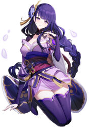 Rule 34 | 1girl, braid, breasts, bridal gauntlets, cleavage, commentary request, genshin impact, hair ornament, highres, japanese clothes, kimono, large breasts, long hair, long sleeves, looking at viewer, low-braided long hair, low-tied long hair, mole, mole under eye, obi, off shoulder, purple eyes, purple hair, purple kimono, purple thighhighs, raiden shogun, ririko (zhuoyandesailaer), sash, shrug (clothing), solo, thighhighs, thighs, very long hair, white background, wide sleeves