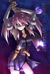 Rule 34 | 1girl, axe, belt, blood, blue eyes, breasts, copyright name, dagger, dress, elbow gloves, fingerless gloves, gloves, knife, long hair, pink hair, presea combatir, tales of (series), tales of symphonia, twintails, weapon