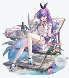 Rule 34 | 1girl, bare shoulders, bb (fate), bb (fate/extra), bikini, black ribbon, blush, breasts, cleavage, collarbone, fate/extra, fate/extra ccc, fate/grand order, fate (series), hair ribbon, large breasts, long hair, looking at viewer, open mouth, ponytail, purple bikini, purple eyes, purple hair, ribbon, smile, solo, swimsuit, very long hair, vivi (eve no hakoniwa)