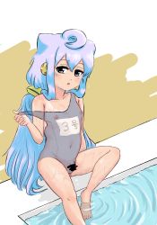 Rule 34 | 1boy, barefoot, blue eyes, blue hair, blush, bulge, censored, crossdressing, feet, flaccid, hacka doll, hacka doll 3, highres, long hair, looking at viewer, male focus, moribato (woodpigeon mor), nipples, partially submerged, penis, pool, see-through, small penis, solo, swimsuit, tan, toes, trap, water, wet