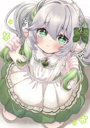 Rule 34 | 1girl, absurdres, apron, blush, closed mouth, commentary request, eyelashes, flower (symbol), frilled apron, frills, genshin impact, gradient hair, green eyes, green hair, hair between eyes, hair ornament, highres, holding, holding own hair, kneeling, looking at viewer, maid, maid apron, maid headdress, multicolored hair, nahida (genshin impact), pointy ears, pout, shimotsukishin, solo, symbol-shaped pupils, twintails, white apron, white background, white hair