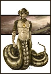 Rule 34 | 1boy, abs, earrings, full body, highres, jewelry, lamia, male focus, monster boy, monster girl, nature, pectorals, pectorals, pointy ears, scenery, topless male, sky, snake, solo, tagme