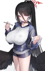 Rule 34 | 1girl, absurdres, black choker, black hair, black jacket, black shorts, black wings, blue archive, blush, breasts, choker, closed mouth, covered erect nipples, cowboy shot, feathered wings, gym shirt, gym shorts, gym uniform, halo, hasumi (blue archive), hasumi (track) (blue archive), highres, holding, holding pen, huge breasts, jacket, large breasts, long hair, looking at viewer, official alternate costume, pen, ponytail, red eyes, red halo, shirt, shorts, simple background, solo, somray, track jacket, very long hair, white background, white shirt, wings