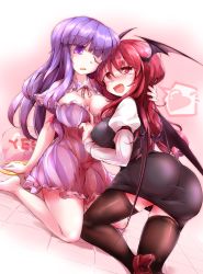 Rule 34 | 2girls, ass, barefoot, bat wings, black legwear, blush, capelet, cleavage cutout, clothing cutout, dress, dutch angle, eye contact, fangs, full-face blush, fumitsuki (minaduki 6), gradient background, head wings, heart, heart-shaped pupils, high heels, kneeling, koakuma, long hair, long sleeves, looking at another, looking up, multiple girls, no headwear, one eye closed, open mouth, patchouli knowledge, puffy sleeves, purple eyes, purple hair, red eyes, red hair, shirt, sitting, skirt, skirt set, smile, speech bubble, striped clothes, striped dress, symbol-shaped pupils, thighhighs, touhou, vest, wings, yes, yes-no pillow, yuri