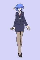Rule 34 | absurdres, aoba (aunana), blue eyes, blue hair, business suit, cyborg, eyes visible through hair, formal, highres, id card, joints, miyuki mama, office lady, pantyhose, robot joints, smile, suit