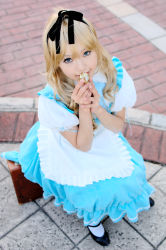 Rule 34 | 1girl, alice (alice in wonderland), alice (alice in wonderland) (cosplay), alice in wonderland, apron, asian, blonde hair, blue eyes, breasts, color contacts, cosplay, hair ribbon, kipi-san, long hair, looking at viewer, outdoors, petite, photo (medium), pocket watch, ribbon, small breasts, solo, watch