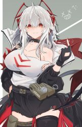 Rule 34 | 1girl, absurdres, arknights, bare shoulders, belt pouch, black choker, black jacket, black shorts, black thighhighs, breasts, choker, collarbone, grey background, hand on own hip, hand up, highres, index finger raised, jacket, kurarome, large breasts, light smile, looking at viewer, medium hair, off-shoulder shirt, off shoulder, open clothes, open jacket, parted lips, pouch, red eyes, shaded face, shirt, shorts, simple background, sleeveless, sleeveless shirt, solo, tail, thighhighs, w (arknights), white hair, white shirt