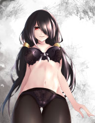 Rule 34 | 10s, 1girl, black bra, black hair, black pantyhose, bra, breasts, date a live, groin, hair over one eye, highres, lace, lace bra, large breasts, legs, long hair, looking at viewer, mrnn, navel, pantyhose, red eyes, smile, solo, thigh gap, tokisaki kurumi, twintails, underwear