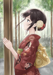 Rule 34 | 1girl, absurdres, black hair, flower, free palet, from side, furisode, grey eyes, hair bun, hair flower, hair ornament, highres, japanese clothes, kimono, looking up, new year, obi, original, outdoors, own hands together, parted bangs, praying, profile, sash, single hair bun, solo, thick eyebrows, tree, wide sleeves