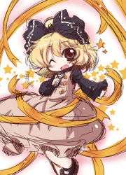 Rule 34 | 1girl, ;d, blonde hair, blush, bow, dress, fang, female focus, hair bow, holding, kurodani yamame, looking at viewer, microphone, muuba, one eye closed, open mouth, red eyes, ribbon, sketch, smile, solo, star (symbol), touhou, wink, yellow ribbon