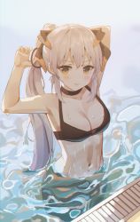 Rule 34 | 1girl, arknights, armpits, arms up, bad id, bad pixiv id, bare arms, bare shoulders, bikini, black bikini, black choker, breasts, choker, cleavage, commentary request, dragon horns, frown, hair tie, halterneck, halterneck, horns, long hair, looking at viewer, medium breasts, navel, orange eyes, ponytail, saria (arknights), shaffelli, silver hair, solo, stomach, swimming, swimsuit, tying hair, v-shaped eyebrows, very long hair, water, wet