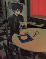 Rule 34 | 1boy, ahoge, baseball cap, black hair, black jacket, book, brown eyes, buttons, caution tape, chair, checkered floor, chess piece, coffee, commentary request, cup, danganronpa (series), danganronpa v3: killing harmony, double-breasted, eyelashes, hair between eyes, hat, highres, holding, holding cup, iumi urura, jacket, keep out, long sleeves, looking at viewer, magnifying glass, male focus, open book, plant, potted plant, saihara shuichi, short hair, sitting, smile, solo, striped clothes, striped jacket, table, unworn hat, unworn headwear