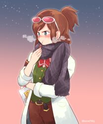 Rule 34 | 1girl, ace attorney, armband, belt, blush, breath, brown hair, eating, ema skye, embarrassed, eyewear on head, food, glasses, half updo, holding, holding food, lab coat, long hair, looking away, mai8484, scarf, sky, sleeves rolled up, solo, star (sky), sunglasses