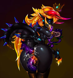 Rule 34 | 1girl, anal, anus, anus piercing, ass, black sclera, black skin, blonde hair, blue eyes, breasts, claws, clitoris piercing, colored sclera, colored skin, cowboy shot, crown, dark persona, double penetration, dragon girl, dragon tail, earrings, elbow spikes, fangs, fat mons, fellatio, from behind, gem, glowing, half-closed eyes, highres, holding own tail, horns, jewelry, large breasts, leaning forward, licking, licking nipple, long hair, long tongue, looking back, mario (series), monster girl, multiple penetration, nintendo, nipple stimulation, nipples, nude, open mouth, oral, piercing, piranha plant, pointy ears, princess peach, profile, pussy, pussy juice, pussy piercing, saliva, shiny skin, shoulder spikes, signhereplease, solo, spikes, tail, tentacle sex, tentacles, thighhighs, tongue, tongue out, triple penetration, vaginal