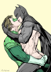 Rule 34 | 2boys, abs, artist name, ass, bara, batman, batman (series), black cape, black gloves, bodysuit, bodysuit pull, brown hair, bruce wayne, cape, dc comics, domino mask, evinist, french kiss, gloves, green bodysuit, green lantern, green lantern (series), grey bodysuit, hal jordan, hand on another&#039;s ass, highres, kiss, large pectorals, looking at another, male focus, mask, multiple boys, muscular, muscular male, pectorals, short hair, simple background, tongue, tongue out, white gloves, yaoi