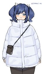 Rule 34 | 1girl, bag, black pants, blue eyes, blue hair, coat, cowboy shot, jacket, kantai collection, kozu (bloomme1 me), long hair, official alternate costume, pants, simple background, solo, souryuu (kancolle), standing, twintails, twitter username, white background, white jacket, winter clothes, winter coat