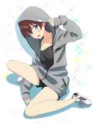 Rule 34 | 1girl, black shirt, blue eyes, blush, breasts, brown hair, cleavage, collarbone, full body, grey sweater, hair between eyes, highres, hood, hooded sweater, looking at viewer, medium breasts, new game!, open mouth, shinoda hajime, shirt, short hair, short shorts, shorts, solo, sweater, white background