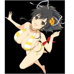 1girl :d arm_scarf ass asuka_(senran_kagura) bandana_around_arm barefoot bikini black_background black_hair blush breasts brown_eyes cleavage collarbone flower groin hair_flower hair_ornament hair_ribbon hibiscus highres horizontal-striped_bikini jewelry large_breasts looking_at_viewer messy_hair necklace official_art open_mouth orange_flower ponytail red_scarf ribbon scarf senran_kagura senran_kagura_new_link senran_kagura_shoujo-tachi_no_shin&#039;ei shiny_skin short_hair short_ponytail side-tie_bikini_bottom sidelocks simple_background smile solo striped_bikini striped_clothes swimsuit tongue two-tone_bikini white_bikini white_ribbon yaegashi_nan yellow_bikini