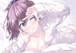 Rule 34 | 1girl, aoba (kancolle), ass, blue eyes, blush, breasts, cleavage, collarbone, dress shirt, finger frame, kantai collection, large breasts, long hair, looking at viewer, lying, mikage takashi, one eye closed, pink hair, ponytail, scrunchie, shirt, smile, solo, white shirt