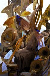 Rule 34 | 1girl, absurdres, blonde hair, brown coat, brown hat, coat, commentary, english commentary, expressionless, gloves, hat, highres, holding, holding instrument, instrument, kevin adi, long hair, original, purple eyes, sitting, solo, surreal, trumpet, tube, white gloves, witch hat