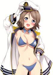 Rule 34 | 1girl, absurdres, alternate costume, arm at side, bikini, blue bikini, blush, breasts, brown hair, cleavage, cowboy shot, detached collar, gloves, halterneck, halterneck, hand on own hip, hat, highres, lips, looking at viewer, love live!, love live! school idol festival, love live! sunshine!!, medium breasts, military, military uniform, naval uniform, open mouth, peaked cap, sailor hat, sankuro (agoitei), scan, short hair, simple background, skindentation, smile, solo, stomach, swimsuit, teeth, underboob, uniform, watanabe you, white background, white gloves