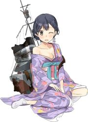 Rule 34 | 10s, 1girl, ;o, alternate hairstyle, bare shoulders, between legs, black hair, blush, braid, breasts, brown eyes, cleavage, collarbone, damaged, drew (drew213g), floral print, full body, hair up, hand between legs, japanese clothes, kantai collection, kimono, looking at viewer, lowres, machinery, medium breasts, new year, obi, off shoulder, official art, one eye closed, open clothes, open kimono, sash, short hair, socks, solo, tabi, torn clothes, transparent background, ushio (kancolle), ushio kai ni (kancolle), wavy mouth, white background, white socks, wince