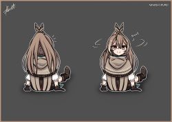 Rule 34 | 1girl, absurdres, ahoge, artist name, boots, brown cloak, brown eyes, brown footwear, brown hair, cloak, commentary, english commentary, english text, feather hair ornament, feathers, gloves, grey background, hair between eyes, hair ornament, hairclip, highres, hololive, hololive english, hood, hood down, jamesperrott1, long hair, looking at viewer, multicolored hair, nanashi mumei, on floor, ponytail, shirt, signature, simple background, sitting, smile, solo, sound effects, split ponytail, streaked hair, turning head, virtual youtuber, white shirt