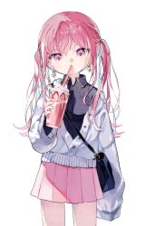 Rule 34 | 1girl, bag, black shirt, blue hair, closed mouth, collared shirt, cup, dress shirt, drinking straw, earrings, food, fruit, grey jacket, hair between eyes, highres, holding, holding cup, jacket, jewelry, long hair, long sleeves, looking at viewer, mechuragi, multicolored hair, off shoulder, open clothes, open jacket, original, pink eyes, pink hair, pink skirt, pleated skirt, shirt, shoulder bag, signature, simple background, skirt, sleeves past fingers, sleeves past wrists, solo, standing, strawberry, twintails, two-tone hair, very long hair, watermark, whipped cream, white background