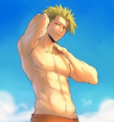 Rule 34 | 1boy, achilles (fate), bare pectorals, fate/apocrypha, fate (series), green hair, highres, looking at viewer, male focus, male swimwear, manly, muscular, nipples, ocean, orange male swimwear, orange swim trunks, pectorals, pectorals, signature, smile, solkorra, solo, swim trunks, swimsuit, upper body, water