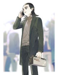 Rule 34 | 1boy, black hair, black jacket, black pants, brown sweater, cowboy shot, guan xuan (the legend of luoxiaohei), holding, holding phone, jacket, medium hair, open mouth, pants, phone, pointy ears, smile, solo, standing, sweater, talking on phone, luo xiaohei zhanji, triple bambi