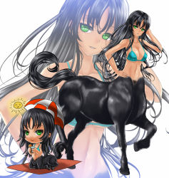 Rule 34 | 1girl, bare shoulders, beach mat, bikini, bikini top only, black hair, breasts, centaur, chibi, chibi inset, cleavage, collarbone, commentary, commission, cup, drink, eyebrows hidden by hair, full body, green bikini, green eyes, groin, hair between eyes, hand on own hip, hand up, head tilt, holding, holding cup, hooves, horse tail, kein hasegawa, large breasts, long hair, looking at viewer, looking to the side, midriff, monster girl, multiple legs, multiple views, navel, original, parted lips, shadow, sidelocks, simple background, sitting, smile, standing, standing on three legs, sun, swimsuit, tail, taur, umbrella, uwu, white background, zoom layer