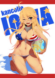 Rule 34 | &gt;;d, 10s, 1girl, ;d, american flag bikini, ball, bba1985, beachball, bikini, blonde hair, blue eyes, breasts, flag print, full body, highres, iowa (kancolle), kantai collection, large breasts, long hair, md5 mismatch, one eye closed, open mouth, smile, solo, star-shaped pupils, star (symbol), swimsuit, symbol-shaped pupils, v-shaped eyebrows