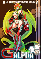 Rule 34 | 1girl, absurdly long hair, absurdres, bad id, bad pixiv id, bare shoulders, blonde hair, breasts, covered erect nipples, detached sleeves, female focus, garayann, gauntlets, green eyes, headgear, high heels, highres, large breasts, long hair, low twintails, mecha musume, midriff, navel, open mouth, revealing clothes, solo, striped, striped background, twintails, very long hair